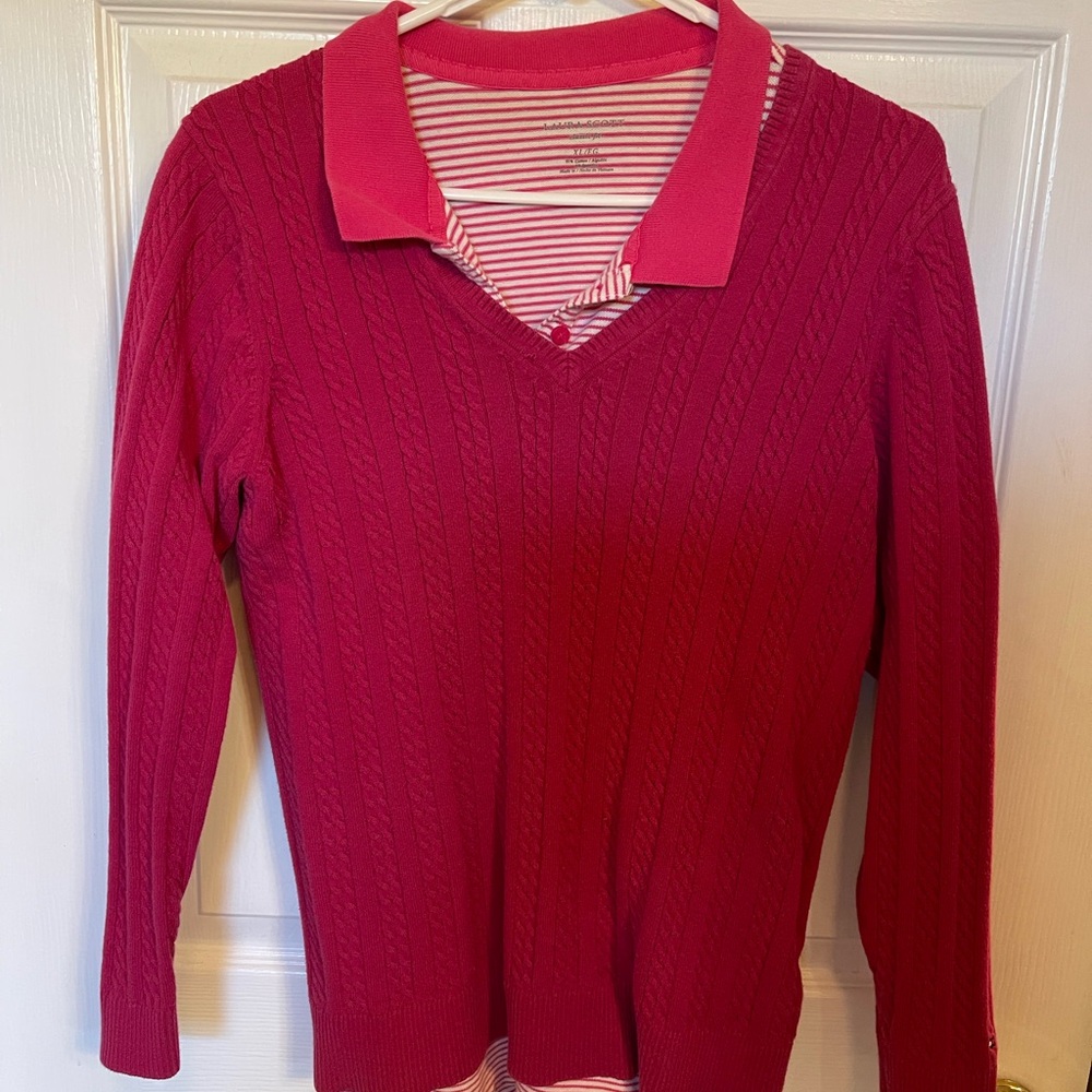 Tommy Hilfiger Women's Raspberry Cable Knit Sweater withstriped polo